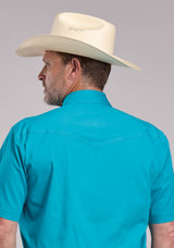 Mens Roper Solid Stretch Turquoise Short Sleeve Snap Shirt