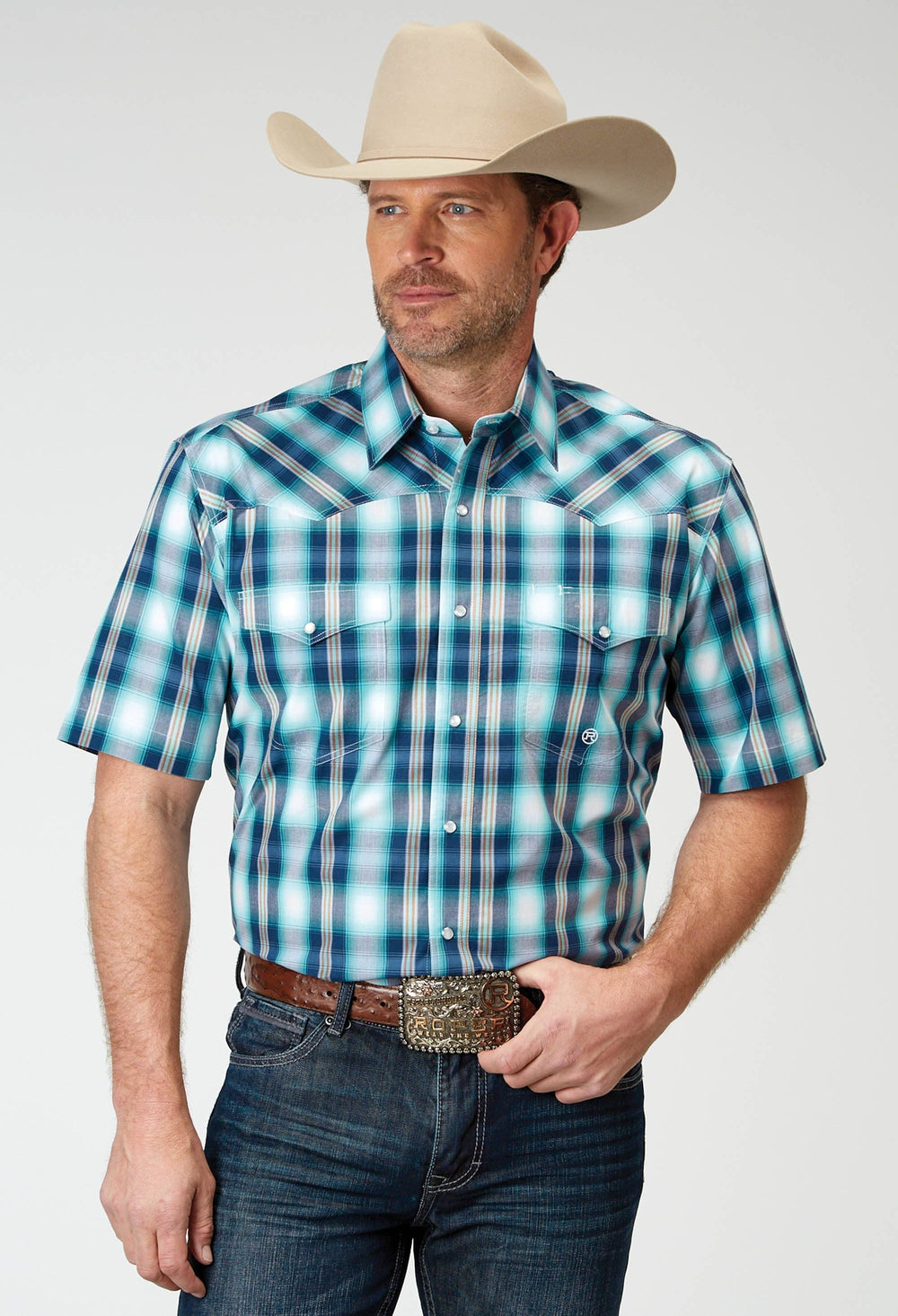 Roper Mens Short Sleeve Snap Cool Breeze Plaid Western Shirt - Roper