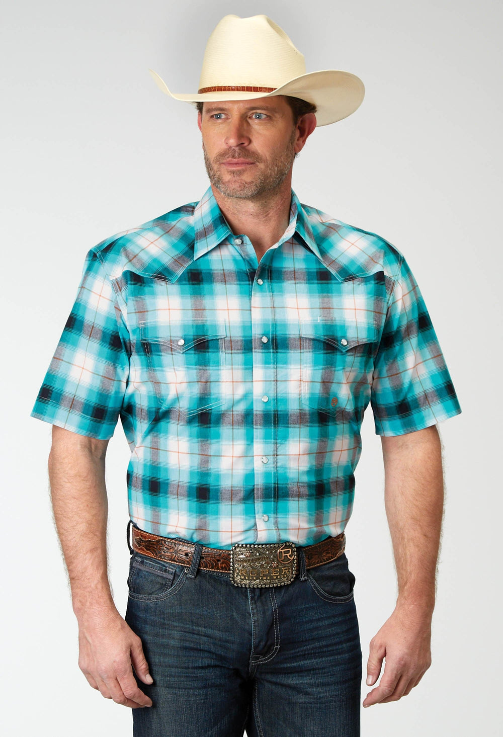 Roper Mens Short Sleeve Snap Stretch Poplin Turquoise Plaid Western Shirt - Roper