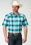 Roper Mens Short Sleeve Snap Stretch Poplin Turquoise Plaid Western Shirt - Roper