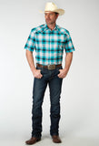 Roper Mens Short Sleeve Snap Stretch Poplin Turquoise Plaid Western Shirt - Roper