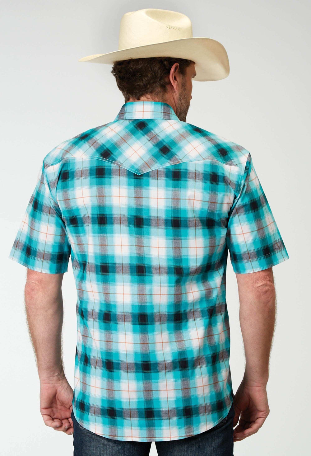 Roper Mens Short Sleeve Snap Stretch Poplin Turquoise Plaid Western Shirt - Roper - Flyclothing LLC