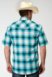 Roper Mens Short Sleeve Snap Stretch Poplin Turquoise Plaid Western Shirt - Roper