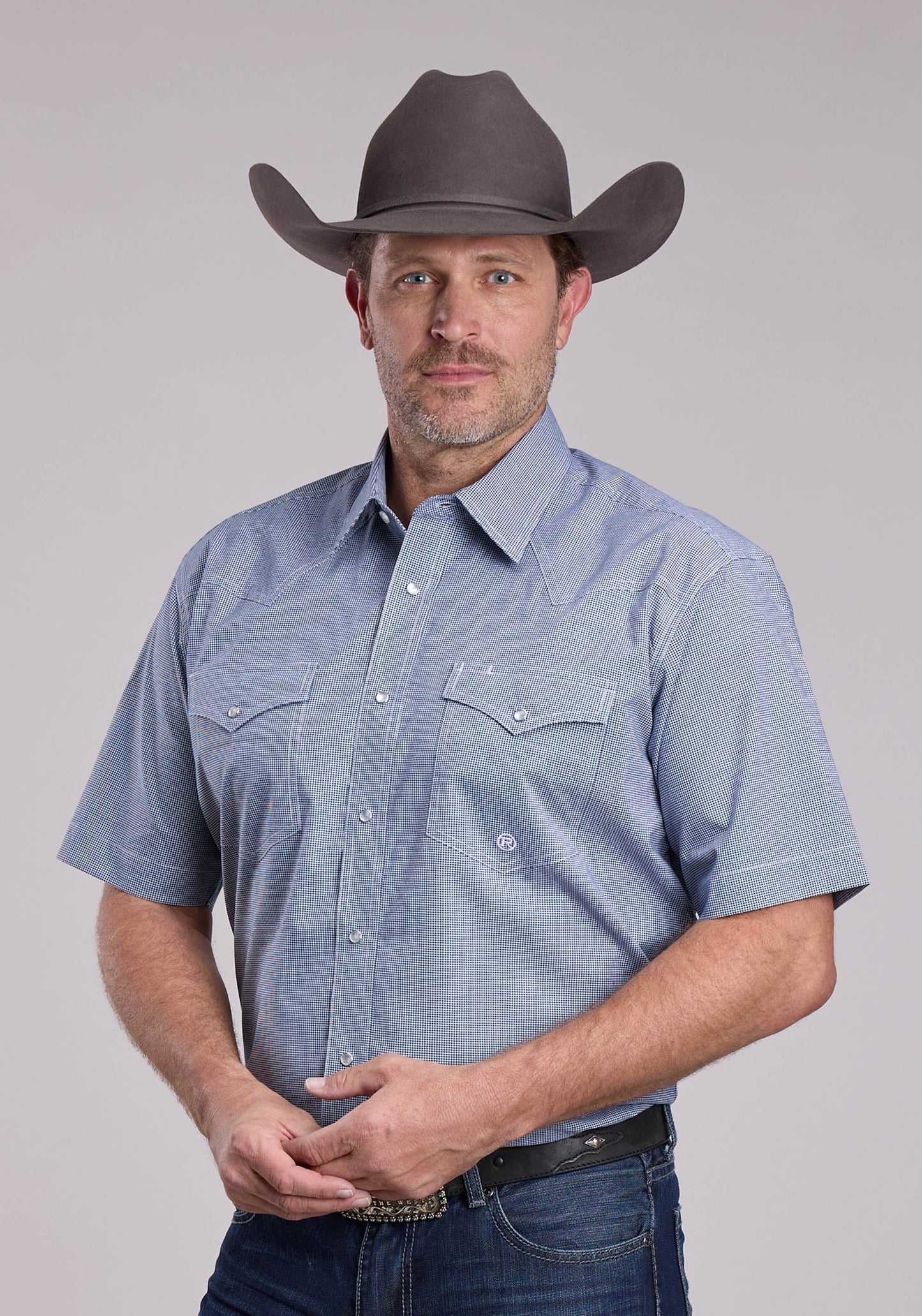 Mens Roper Stretch Minicheck Navy Short Sleeve Snap Shirt