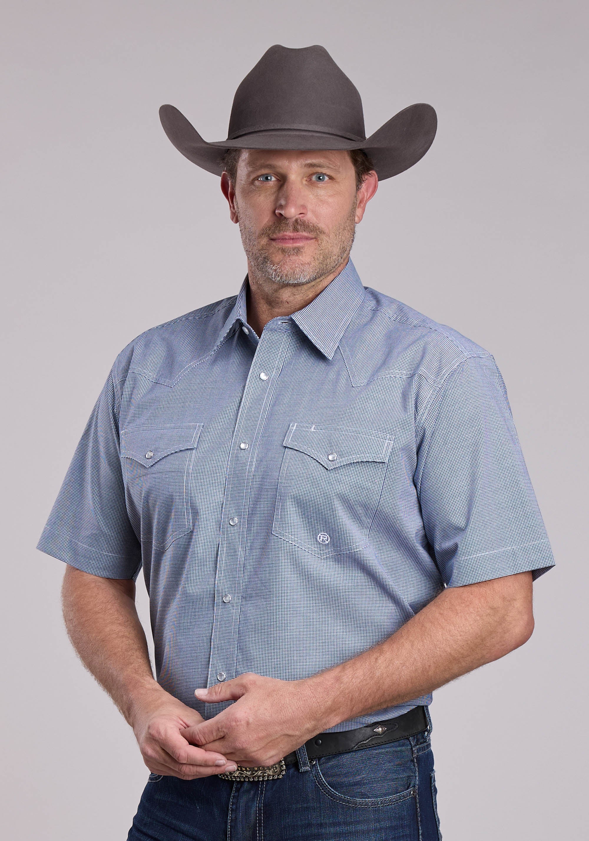 Mens Roper Stretch Minicheck Navy Short Sleeve Snap Shirt