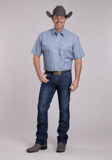 Mens Roper Stretch Minicheck Navy Short Sleeve Snap Shirt