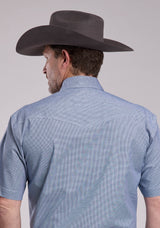 Mens Roper Stretch Minicheck Navy Short Sleeve Snap Shirt