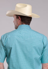 Mens Roper Stretch Minicheck Turquoise Short Sleeve Snap Shirt