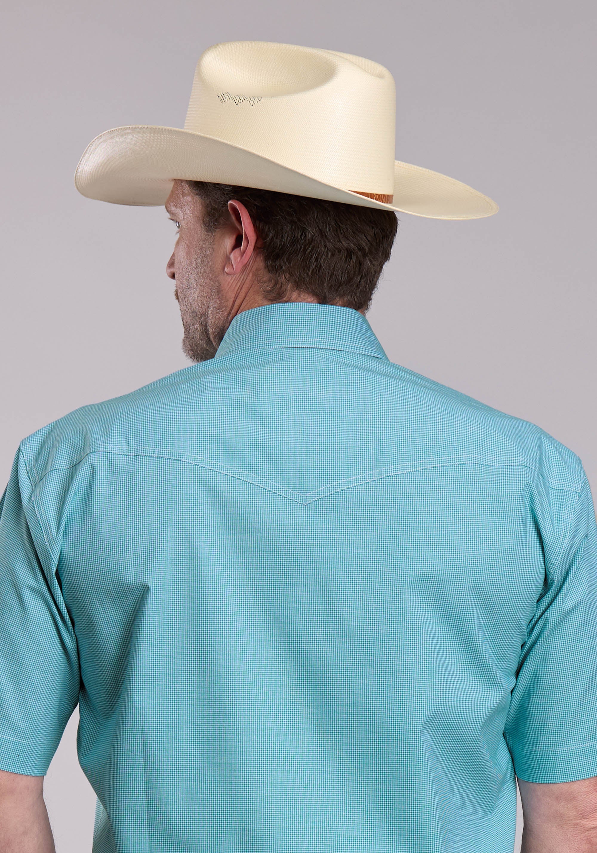 Mens Roper Stretch Minicheck Turquoise Short Sleeve Snap Shirt