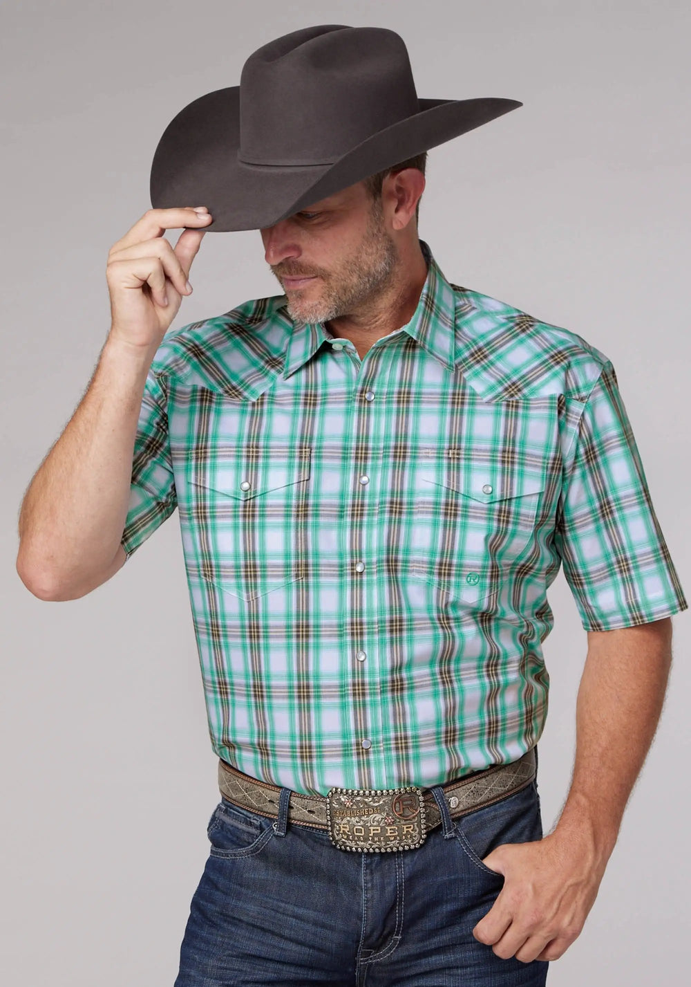 Roper Mens Short Sleeve Snap Cold Springs Plaid Western Shirt - Roper