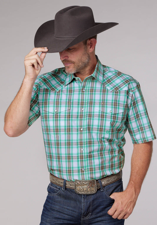 Roper Mens Short Sleeve Snap Cold Springs Plaid Western Shirt - Roper