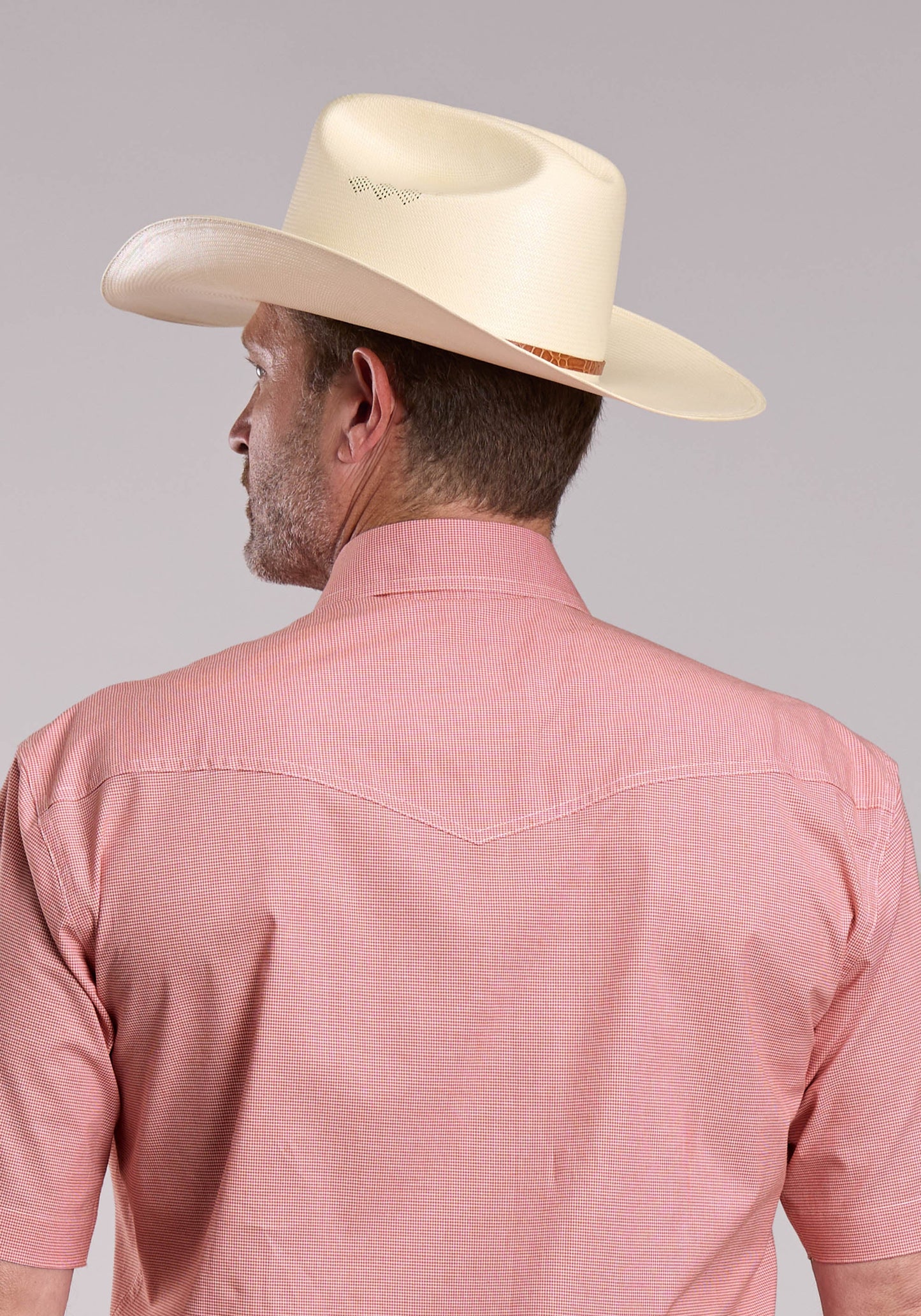 Mens Roper Stretch Mini Check Coral Short Sleeve Snap Shirt