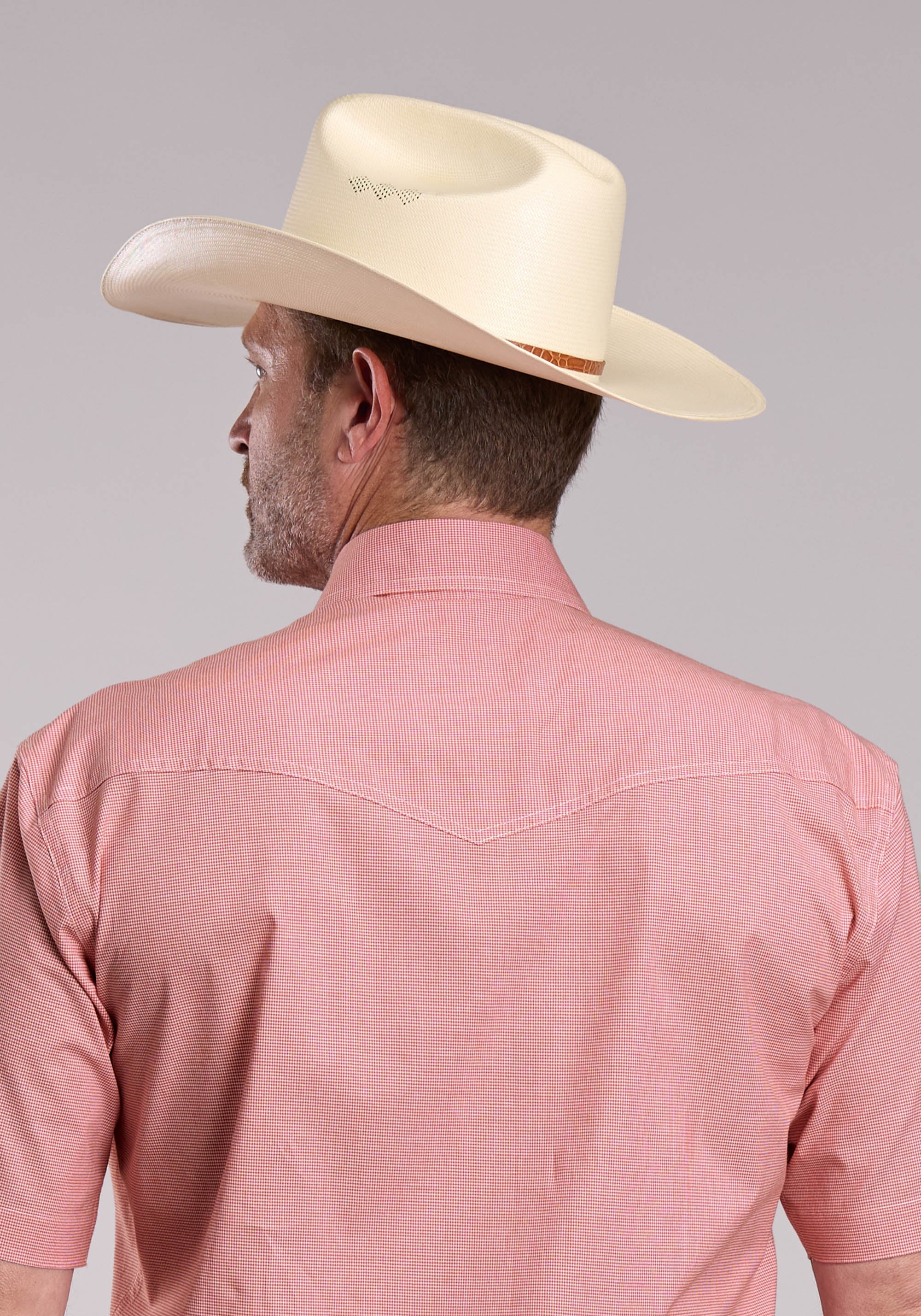 Mens Roper Stretch Mini Check Coral Short Sleeve Snap Shirt