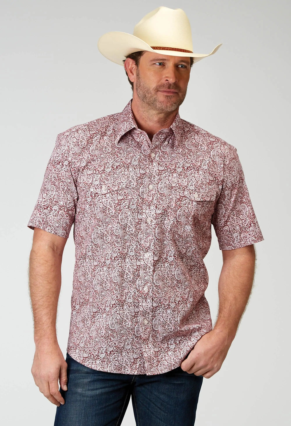 Roper Mens Short Sleeve Button Stretch Poplin Red Paisley Western Shirt - Roper