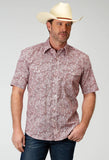 Roper Mens Short Sleeve Button Stretch Poplin Red Paisley Western Shirt - Roper