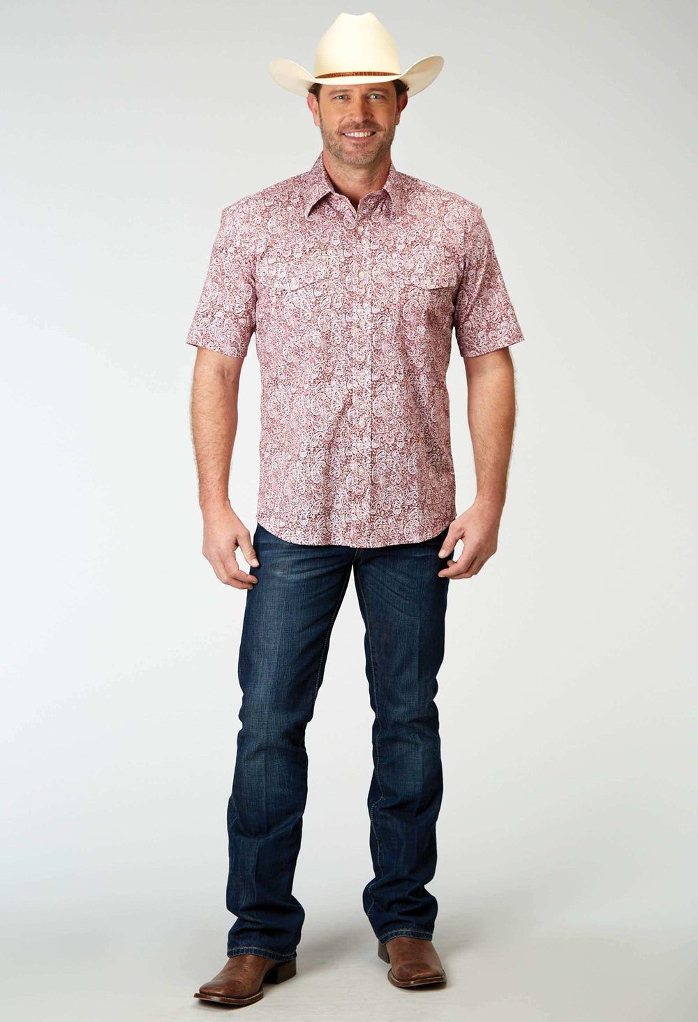 Roper Mens Short Sleeve Button Stretch Poplin Red Paisley Western Shirt - Roper - Flyclothing LLC