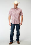 Roper Mens Short Sleeve Button Stretch Poplin Red Paisley Western Shirt - Roper