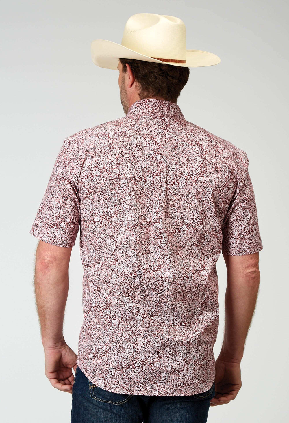 Roper Mens Short Sleeve Button Stretch Poplin Red Paisley Western Shirt - Roper - Flyclothing LLC