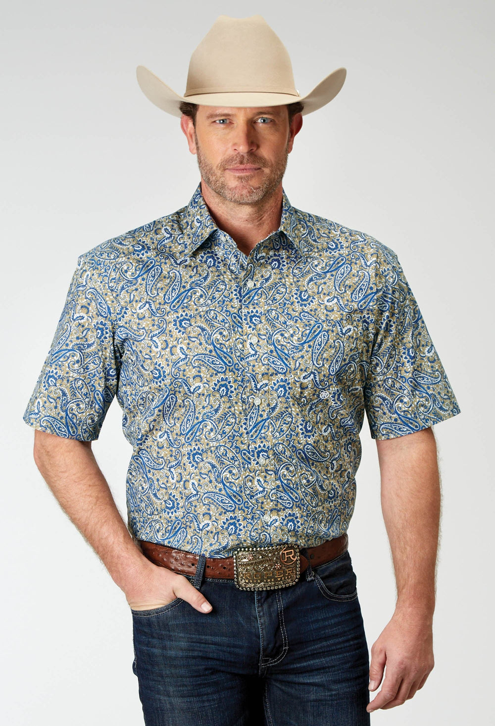 Roper Mens Short Sleeve Button Delft Paisley Western Shirt - Roper