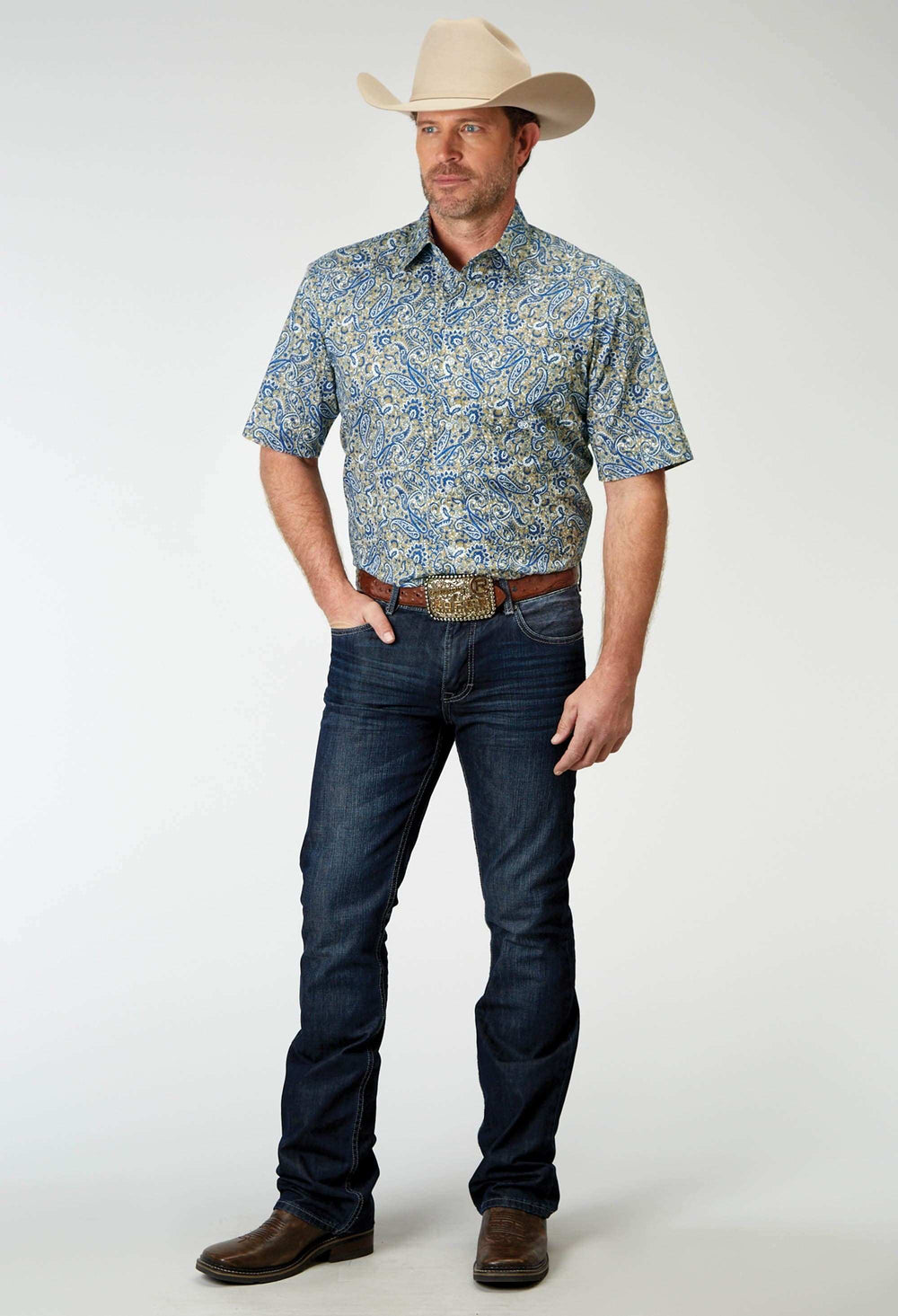 Roper Mens Short Sleeve Button Delft Paisley Western Shirt - Roper - Flyclothing LLC