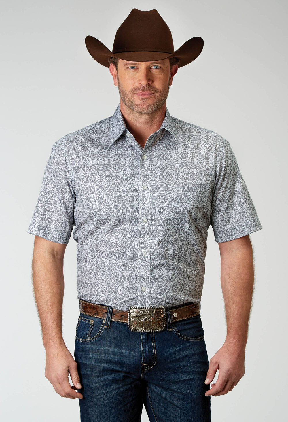 Roper Mens Short Sleeve Button Silver Medallion Western Shirt - Roper
