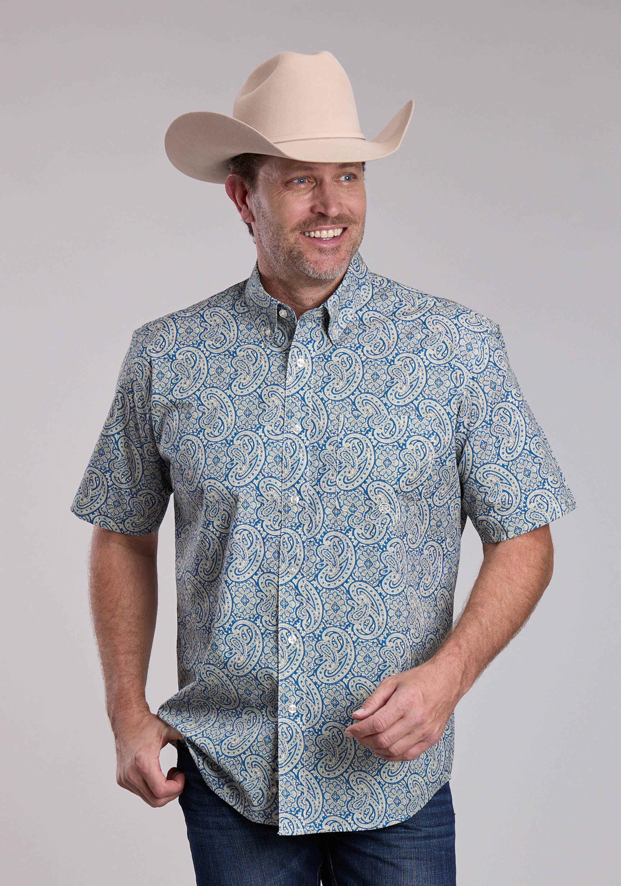 Mens Roper Blue Line Paisley Short Sleeve Button Shirt