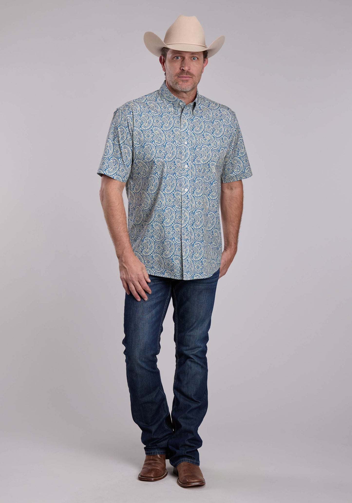 Mens Roper Blue Line Paisley Short Sleeve Button Shirt