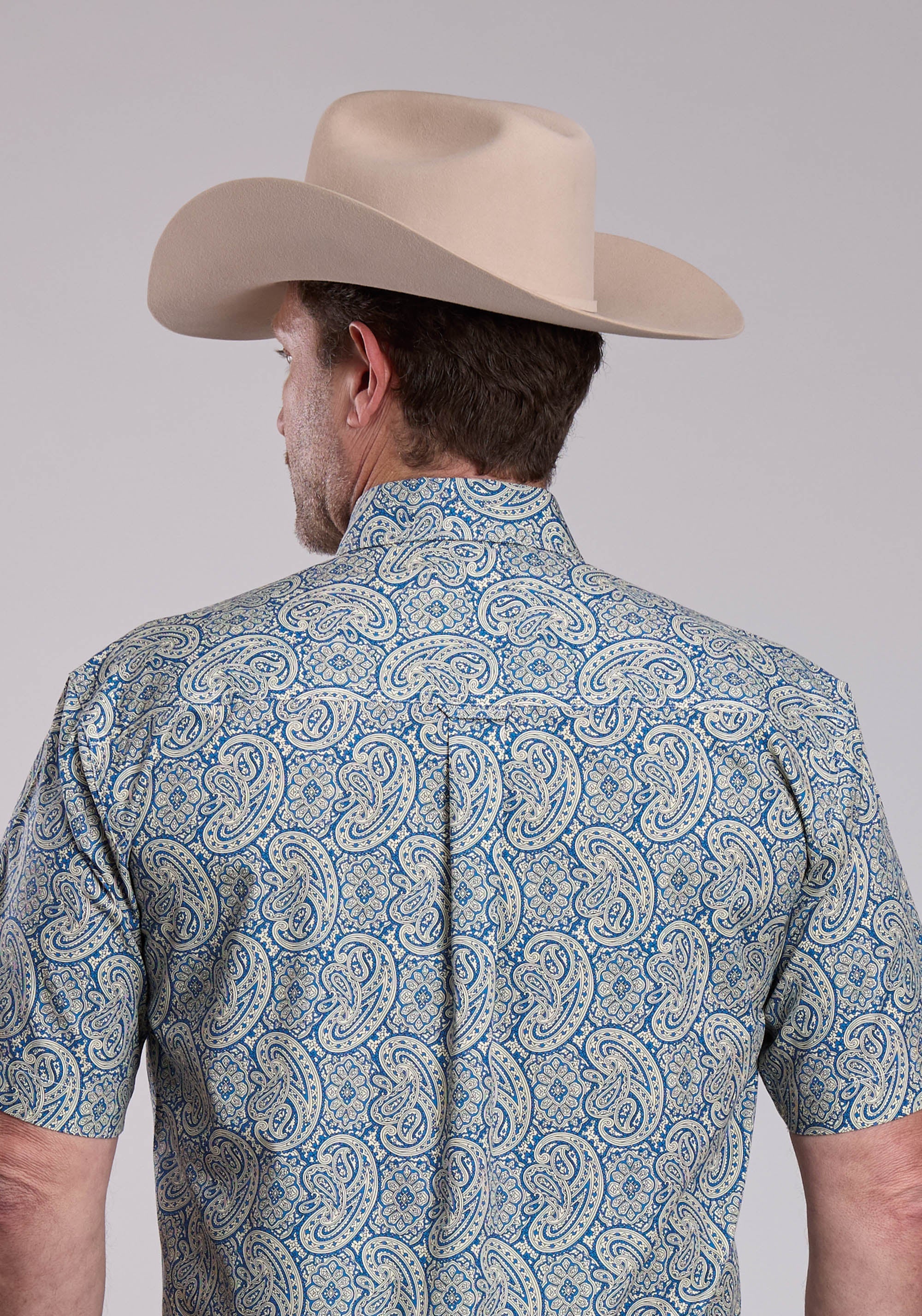 Mens Roper Blue Line Paisley Short Sleeve Button Shirt