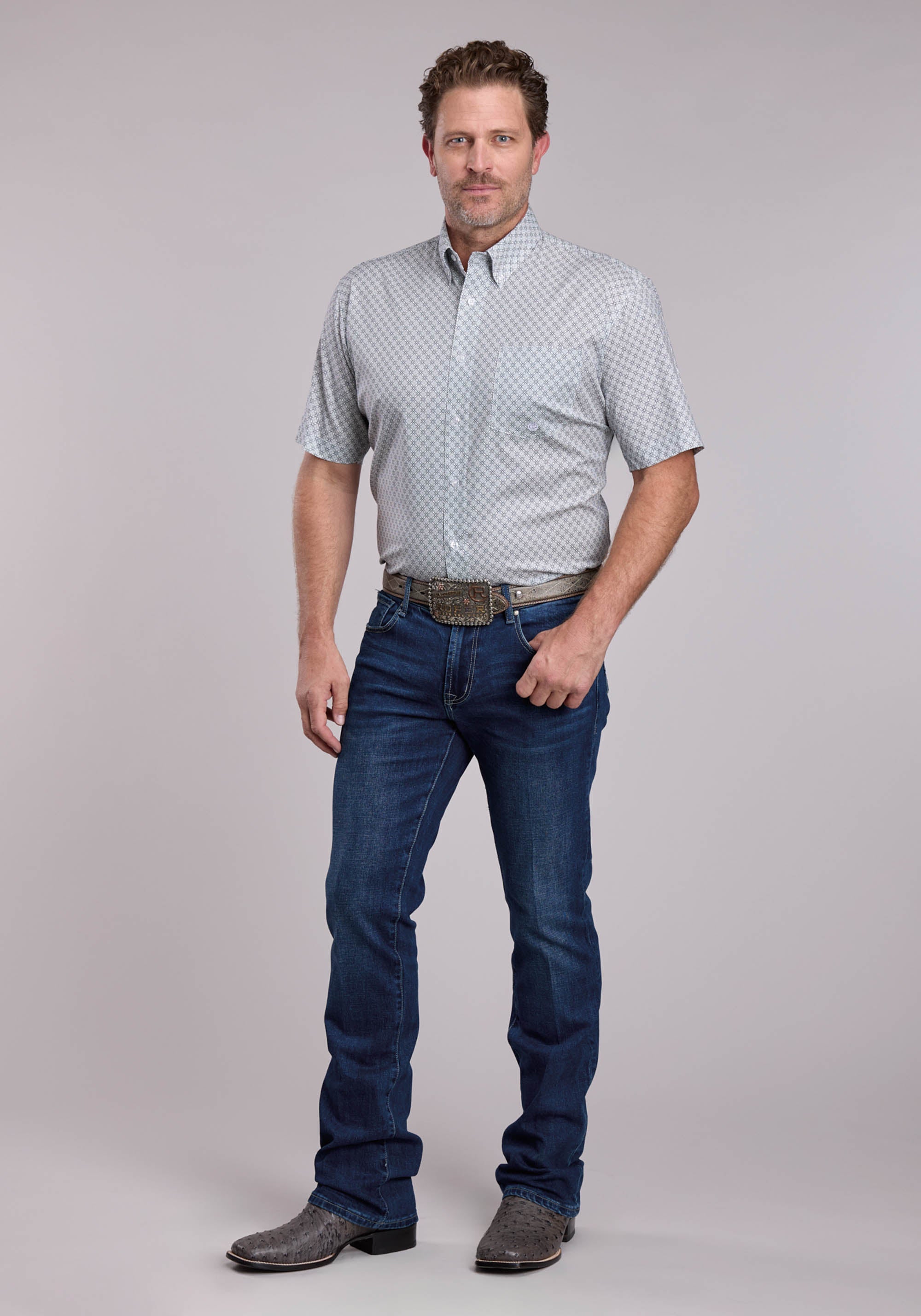 Mens Roper Grey Stretch Four Point Foulard Short Sleeve Button Shirt