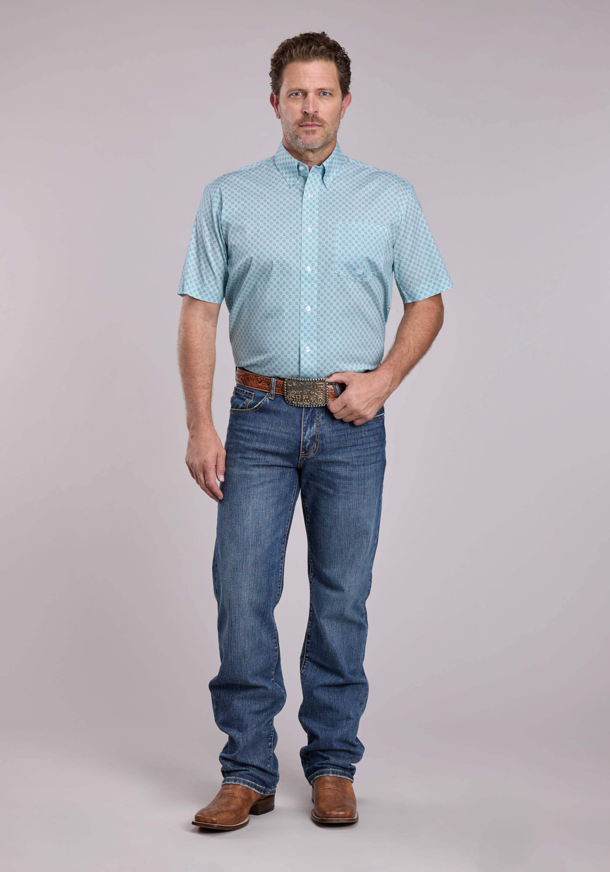 Mens Roper Stretch Four Point Foulard Teal Short Sleeve Button Shirt - Roper - Flyclothing LLC