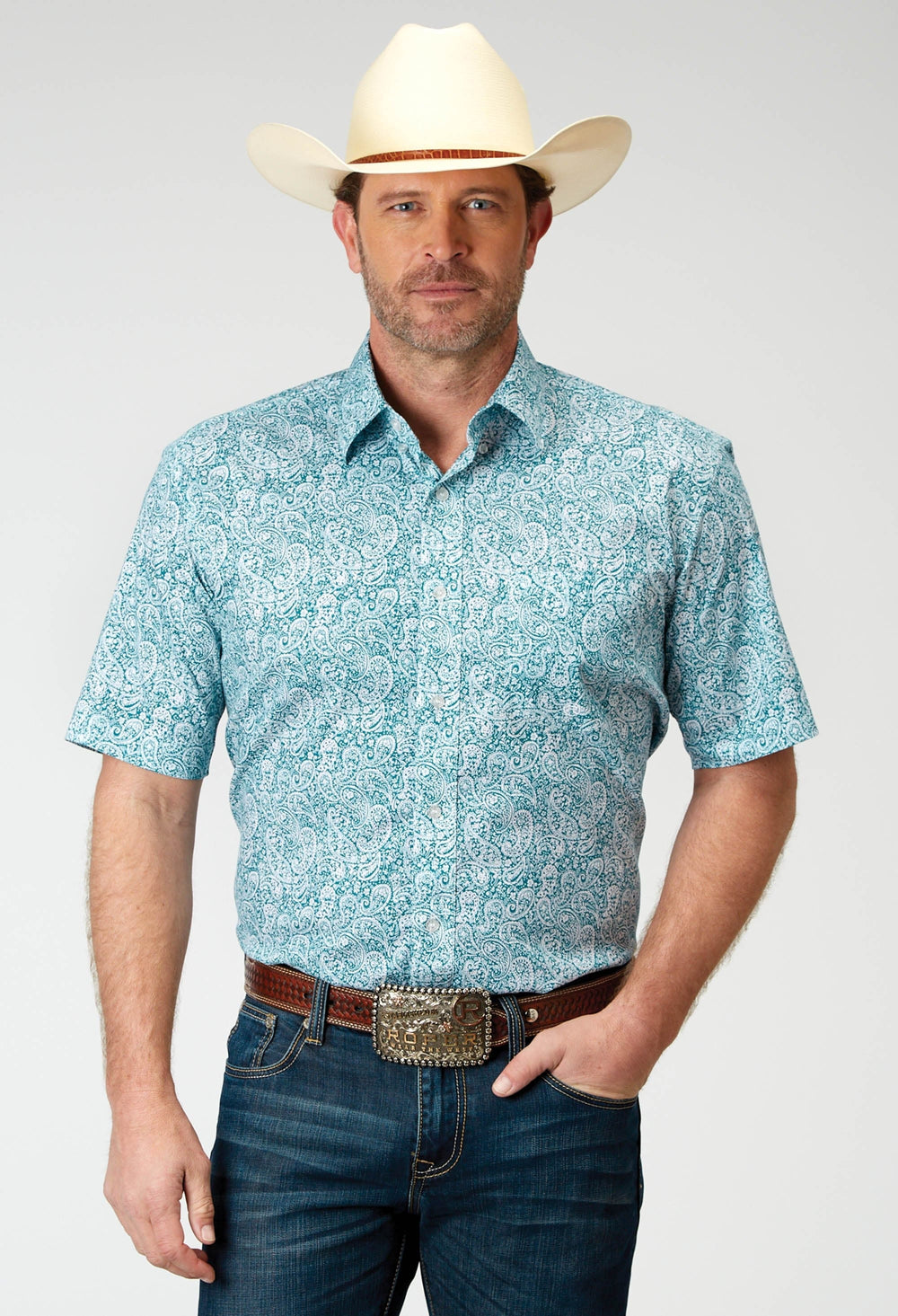 Roper Mens Short Sleeve Button Stretch Poplin Teal Paisley Western Shirt - Roper