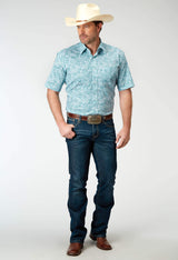 Roper Mens Short Sleeve Button Stretch Poplin Teal Paisley Western Shirt - Roper - Flyclothing LLC