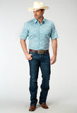 Roper Mens Short Sleeve Button Stretch Poplin Teal Paisley Western Shirt - Roper