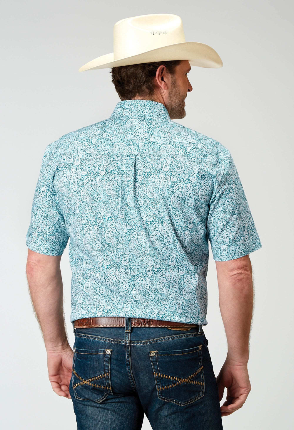 Roper Mens Short Sleeve Button Stretch Poplin Teal Paisley Western Shirt - Roper - Flyclothing LLC