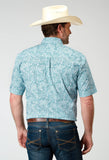 Roper Mens Short Sleeve Button Stretch Poplin Teal Paisley Western Shirt - Roper