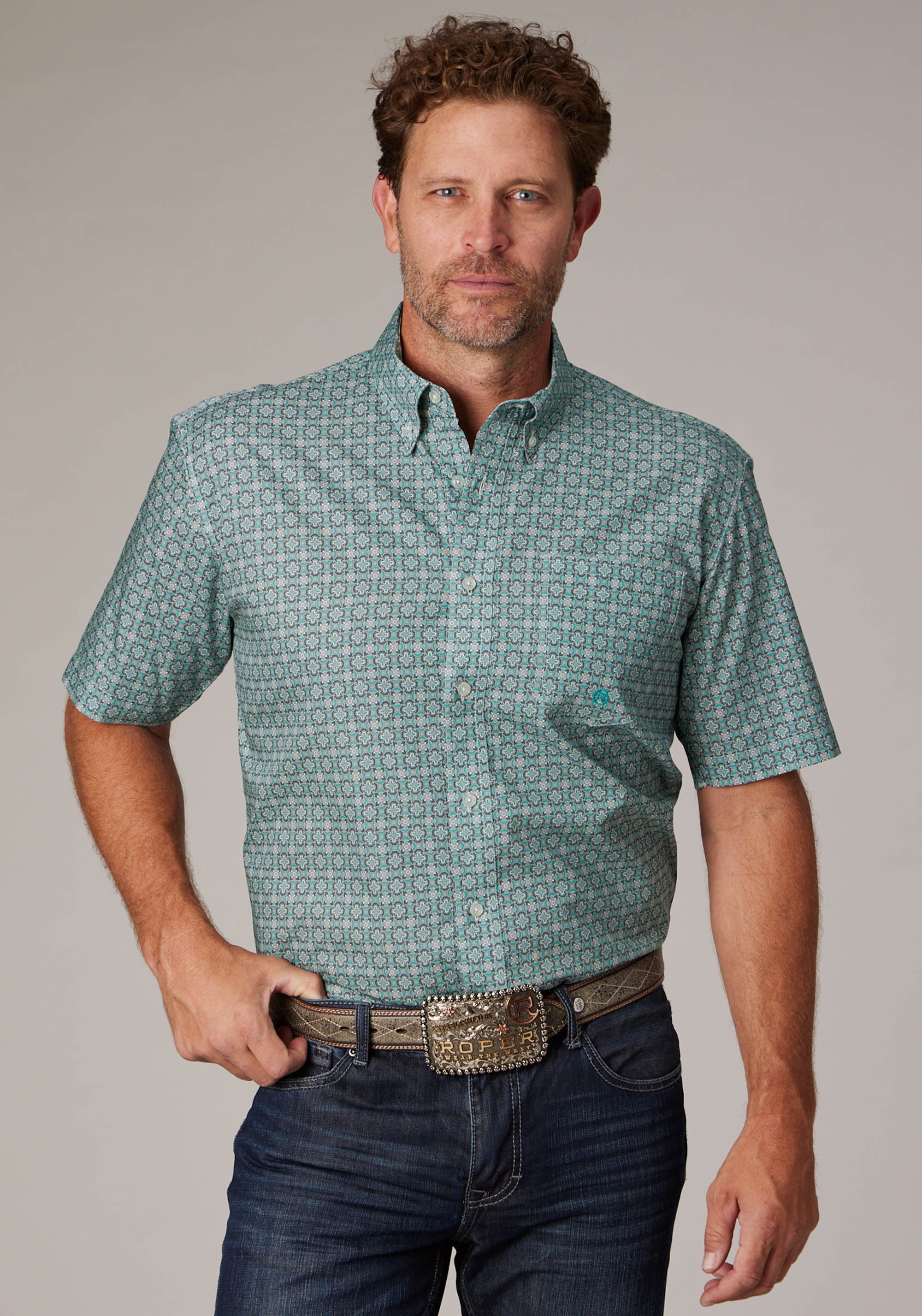 Roper Mens Silver Spring Foulard Short Sleeve Button Western Shirt