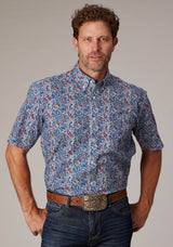 Roper Mens Blue River Paisley Short Sleeve Button Western Shirt