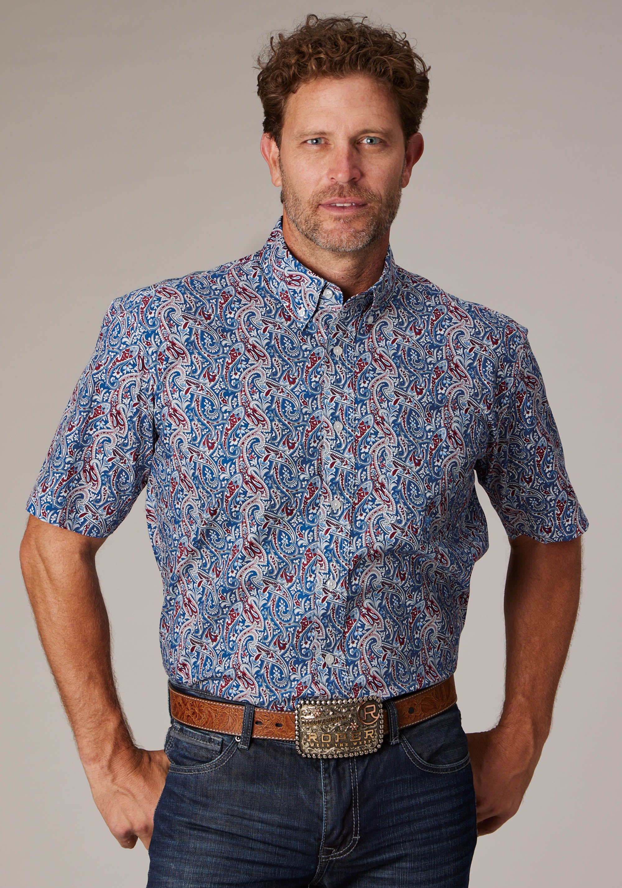 Roper Mens Blue River Paisley Short Sleeve Button Western Shirt