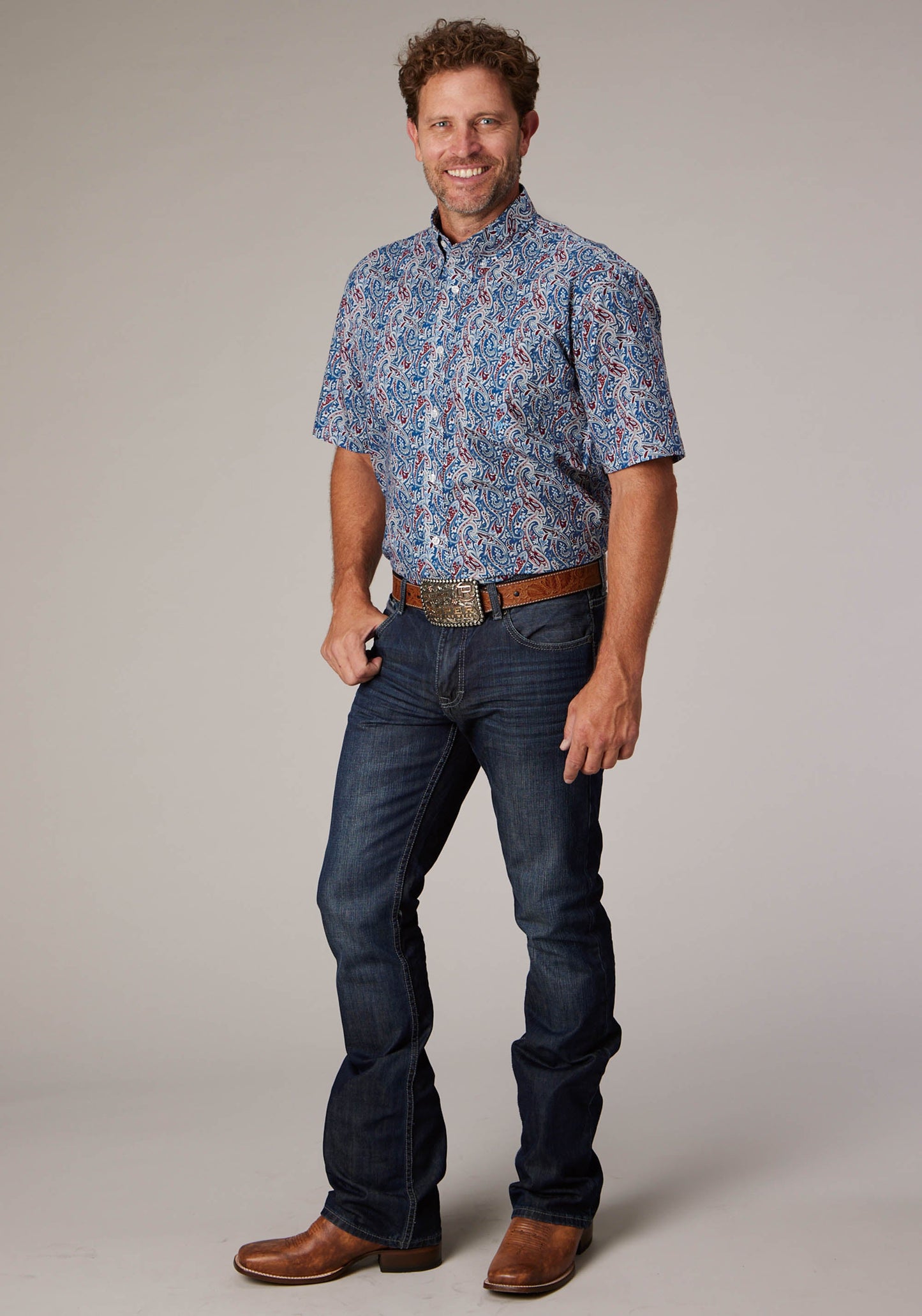 Roper Mens Blue River Paisley Short Sleeve Button Western Shirt