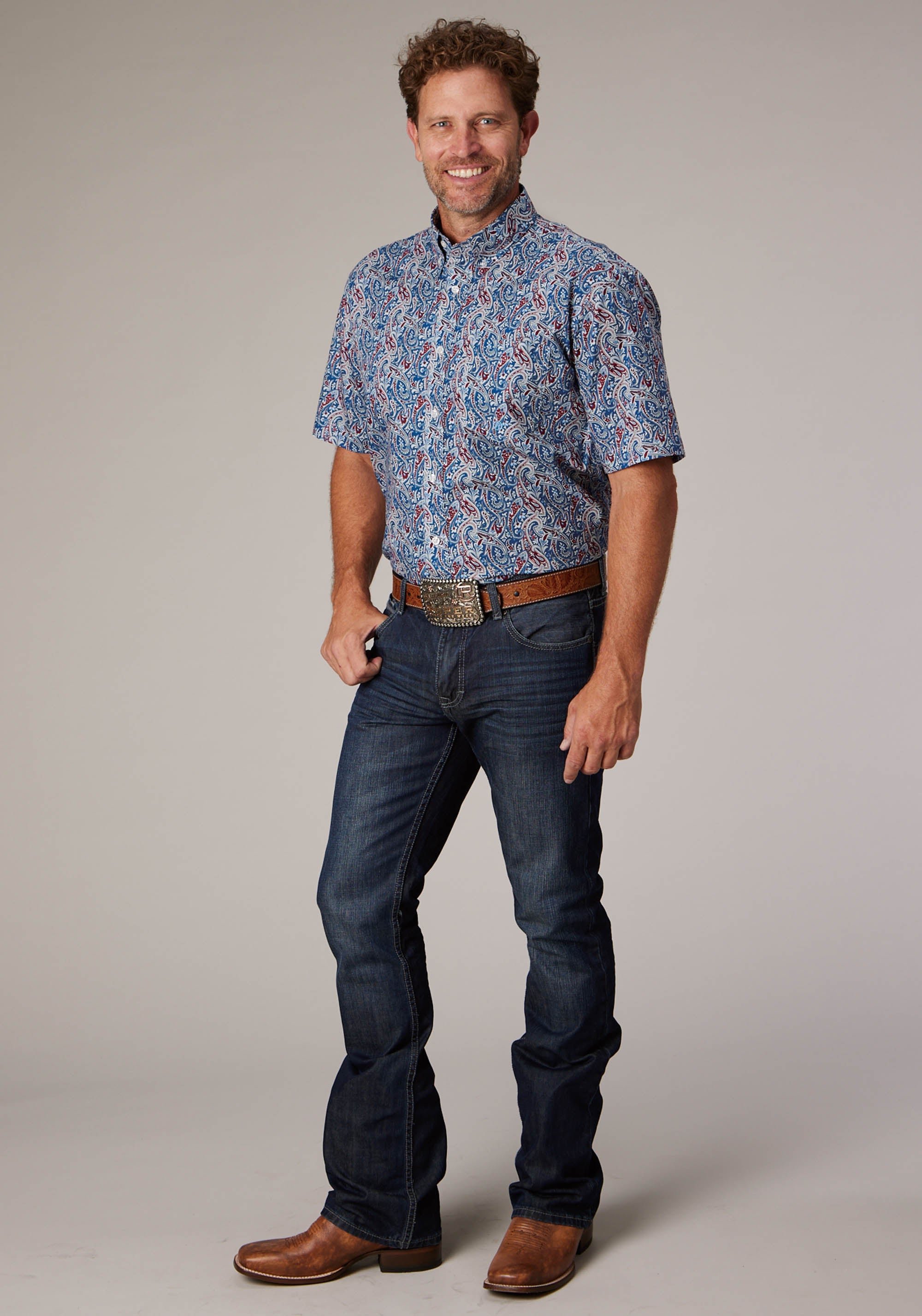 Roper Mens Blue River Paisley Short Sleeve Button Western Shirt