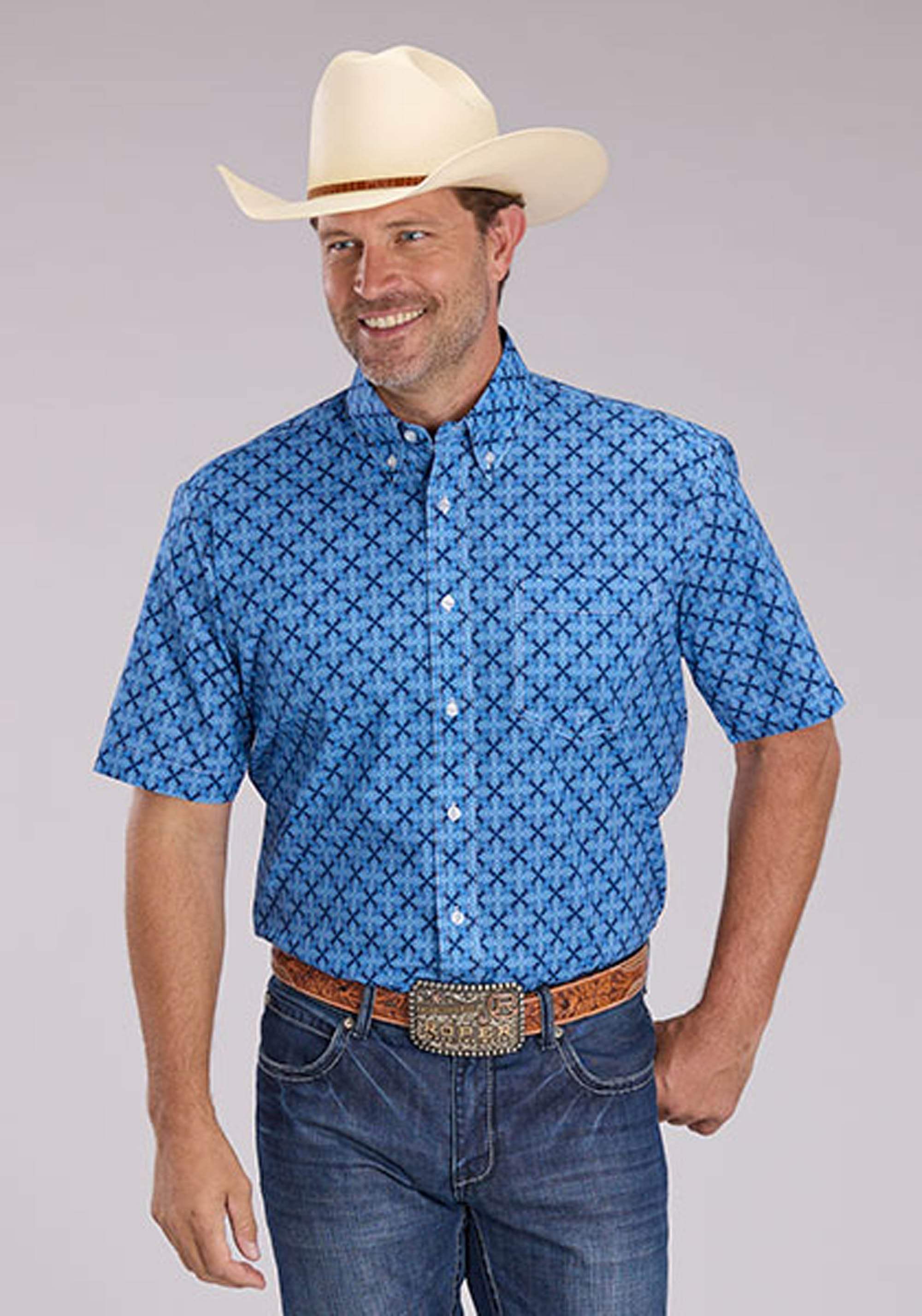 Roper Mens Blue Ribbon Medallion Short Sleeve Button Western Shirt - Roper - Flyclothing LLC
