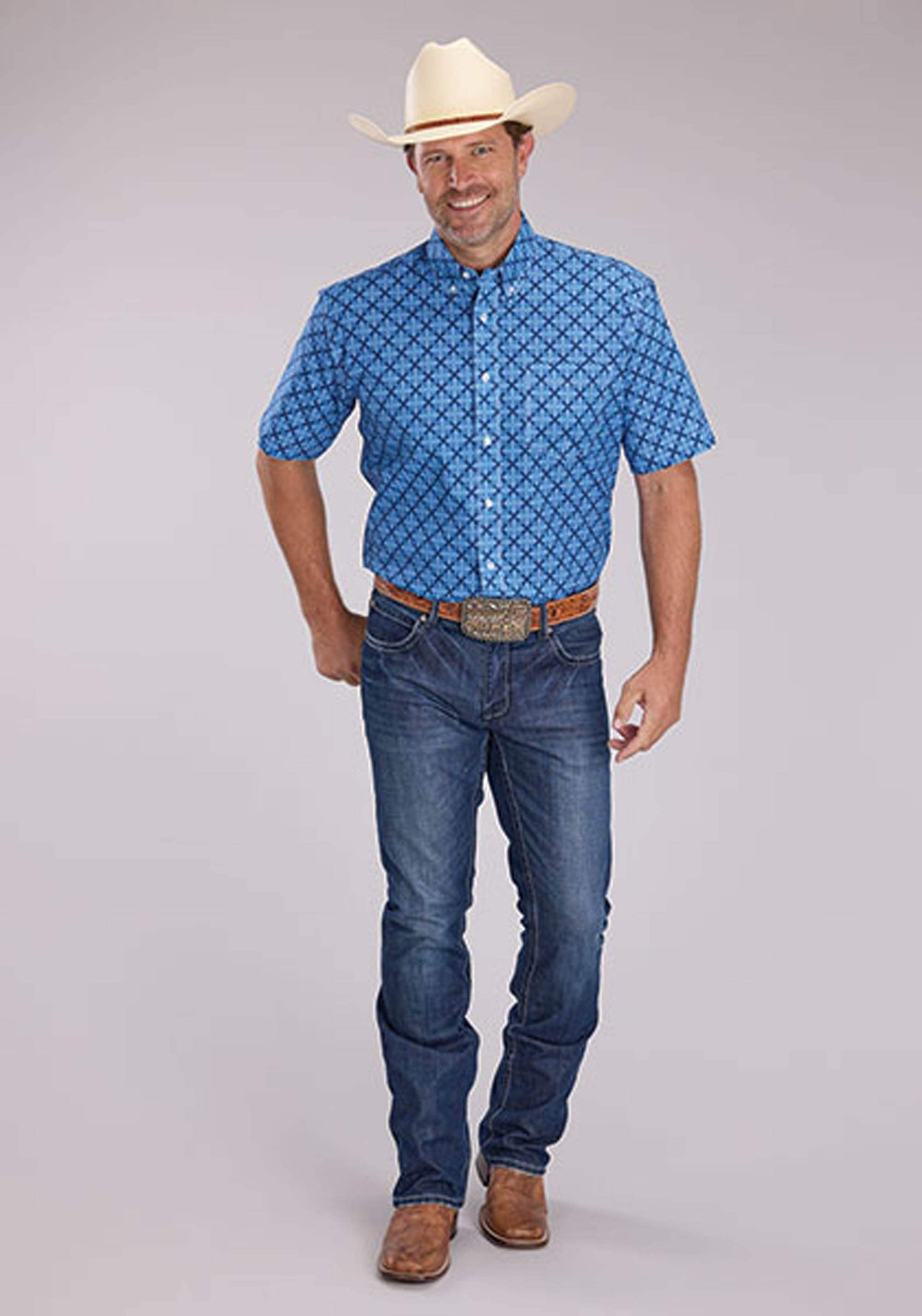 Roper Mens Blue Ribbon Medallion Short Sleeve Button Western Shirt - Roper - Flyclothing LLC