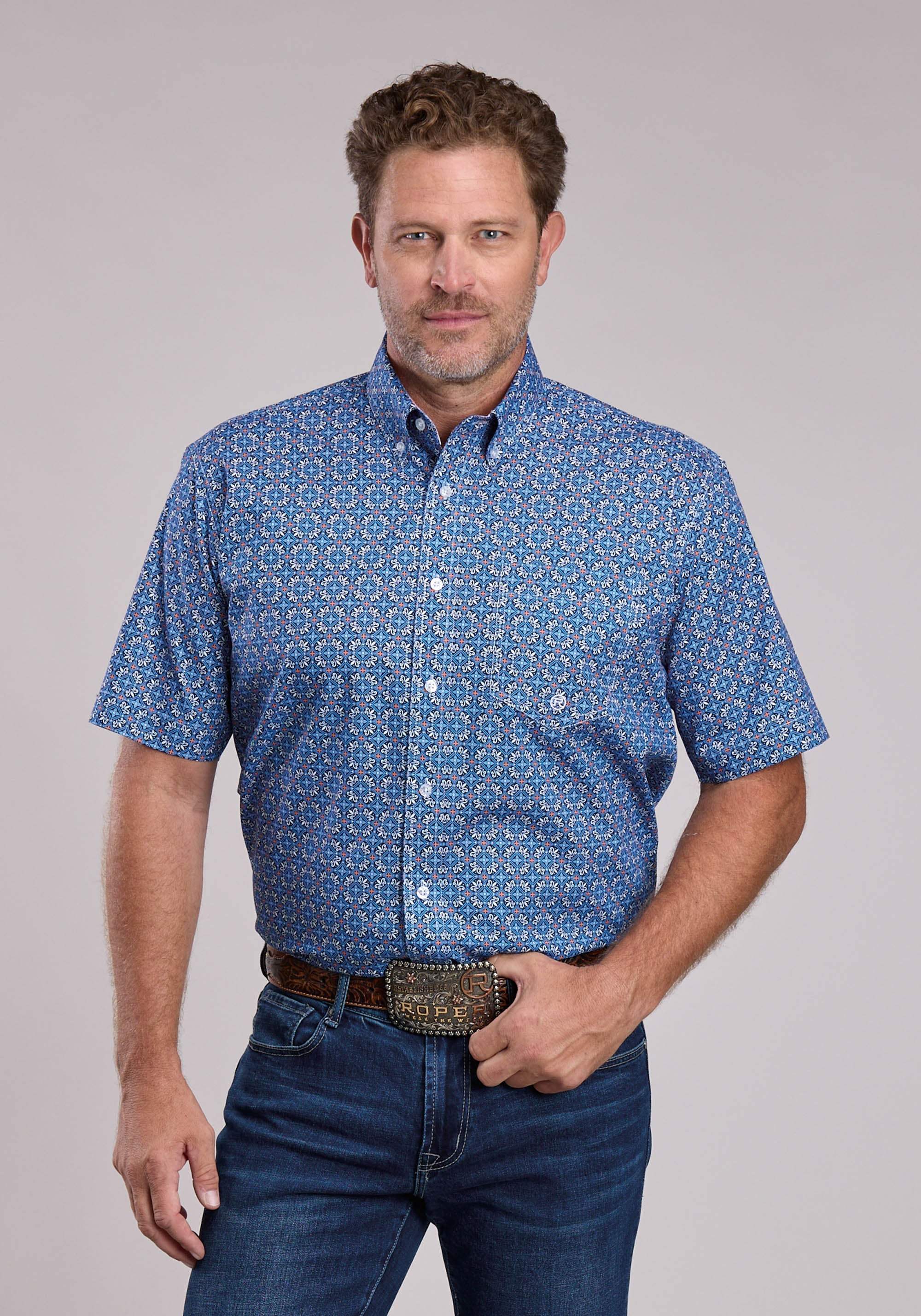Mens Roper Sky Tile Foulard Short Sleeve Button Shirt - Roper - Flyclothing LLC