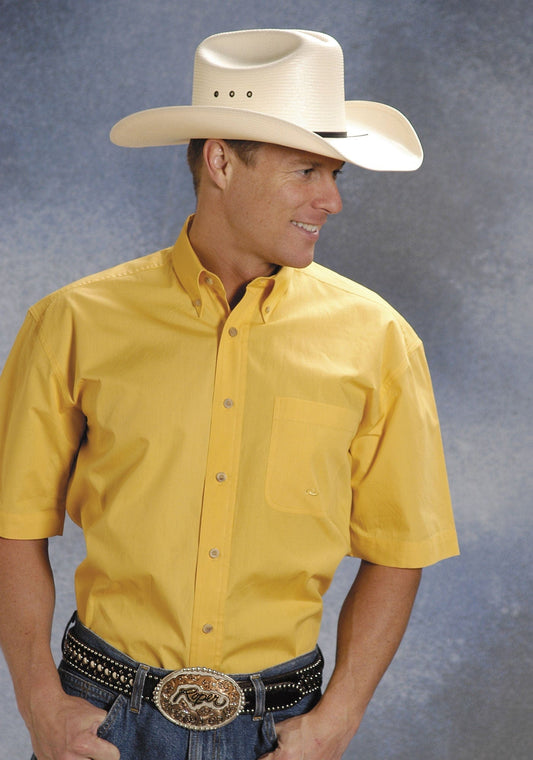 Roper Mens Yellow Solid Short Sleeve Western Button Shirt Tall Fit - Roper