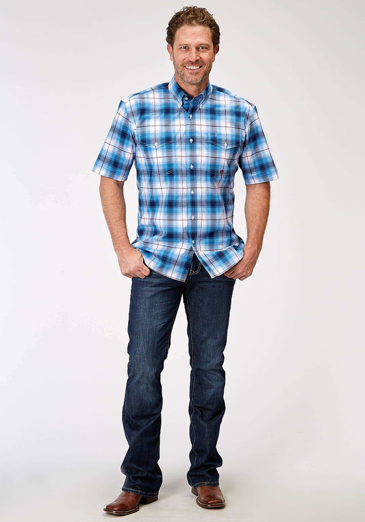 Roper Mens Short Sleeve Button Stretch Poplin Blue Plaid Western Shirt - Roper - Flyclothing LLC