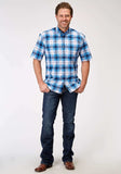 Roper Mens Short Sleeve Button Stretch Poplin Blue Plaid Western Shirt - Roper - Flyclothing LLC