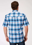 Roper Mens Short Sleeve Button Stretch Poplin Blue Plaid Western Shirt - Roper - Flyclothing LLC