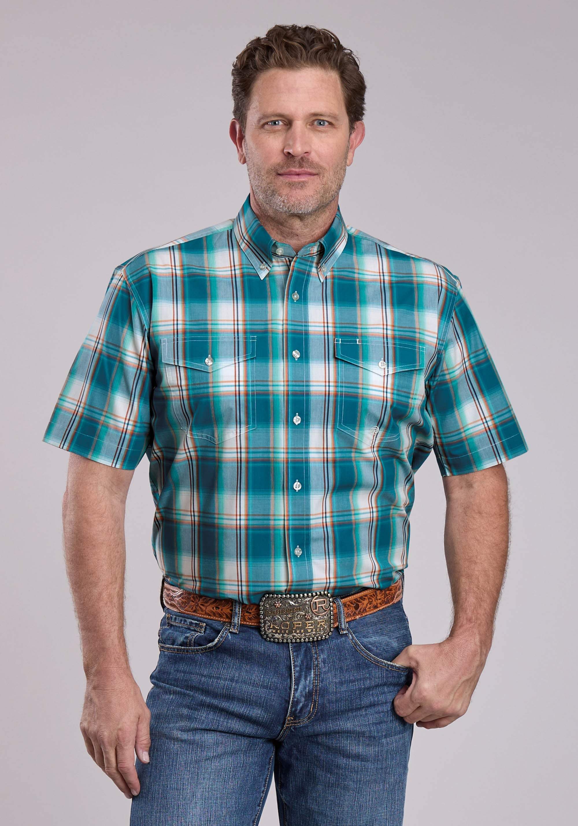Mens Roper Sunset Plaid Short Sleeve Button Shirt - Roper - Flyclothing LLC