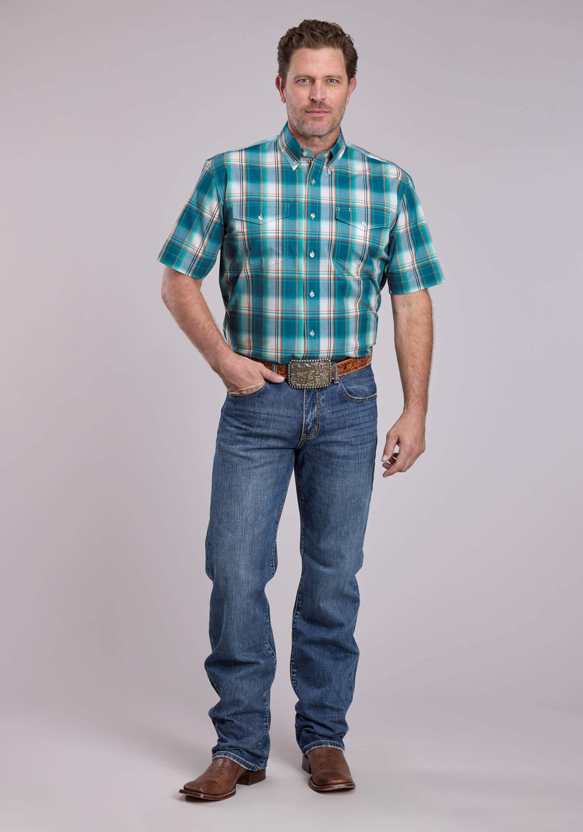 Mens Roper Sunset Plaid Short Sleeve Button Shirt - Roper - Flyclothing LLC
