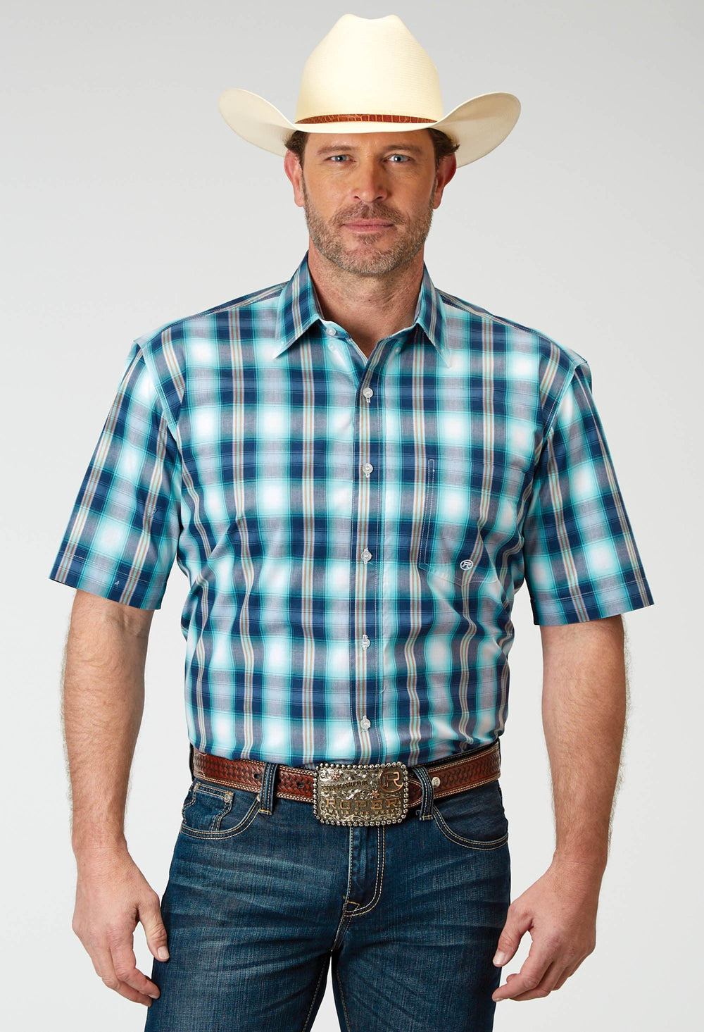 Roper Mens Short Sleeve Button Cool Breeze Plaid Western Shirt - Roper